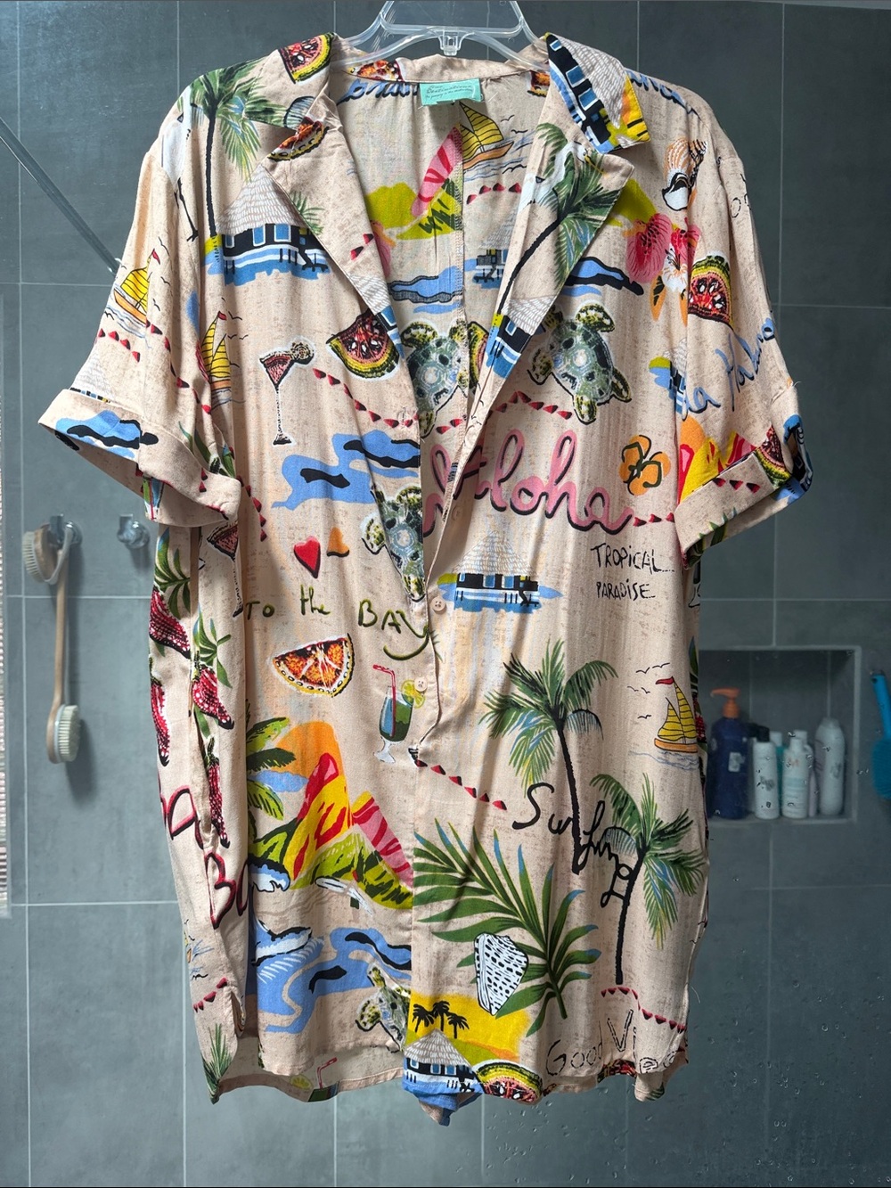 Women’s Beige Printed Short Romper with Tropical Motif
